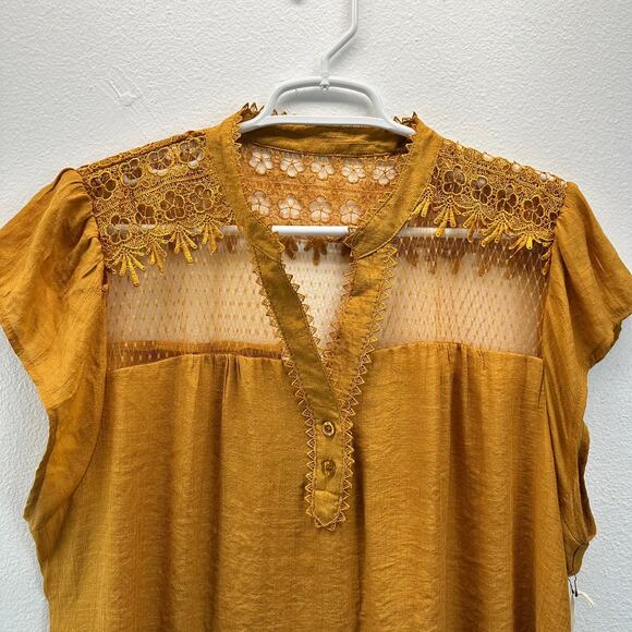 NWT Perch by Blu Pepper Yellow Lace Shirt Short Sleeve Boho 2XL - Picture 3 of 9